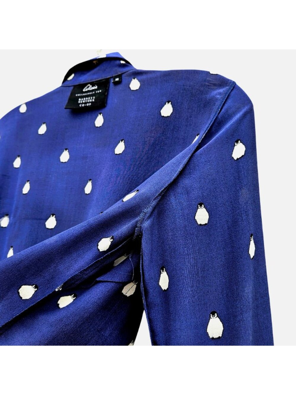 Alcée for Barneys New York Co-Op Silk Penguin Print Shirt Green Trim XS to S - Picture 9 of 11